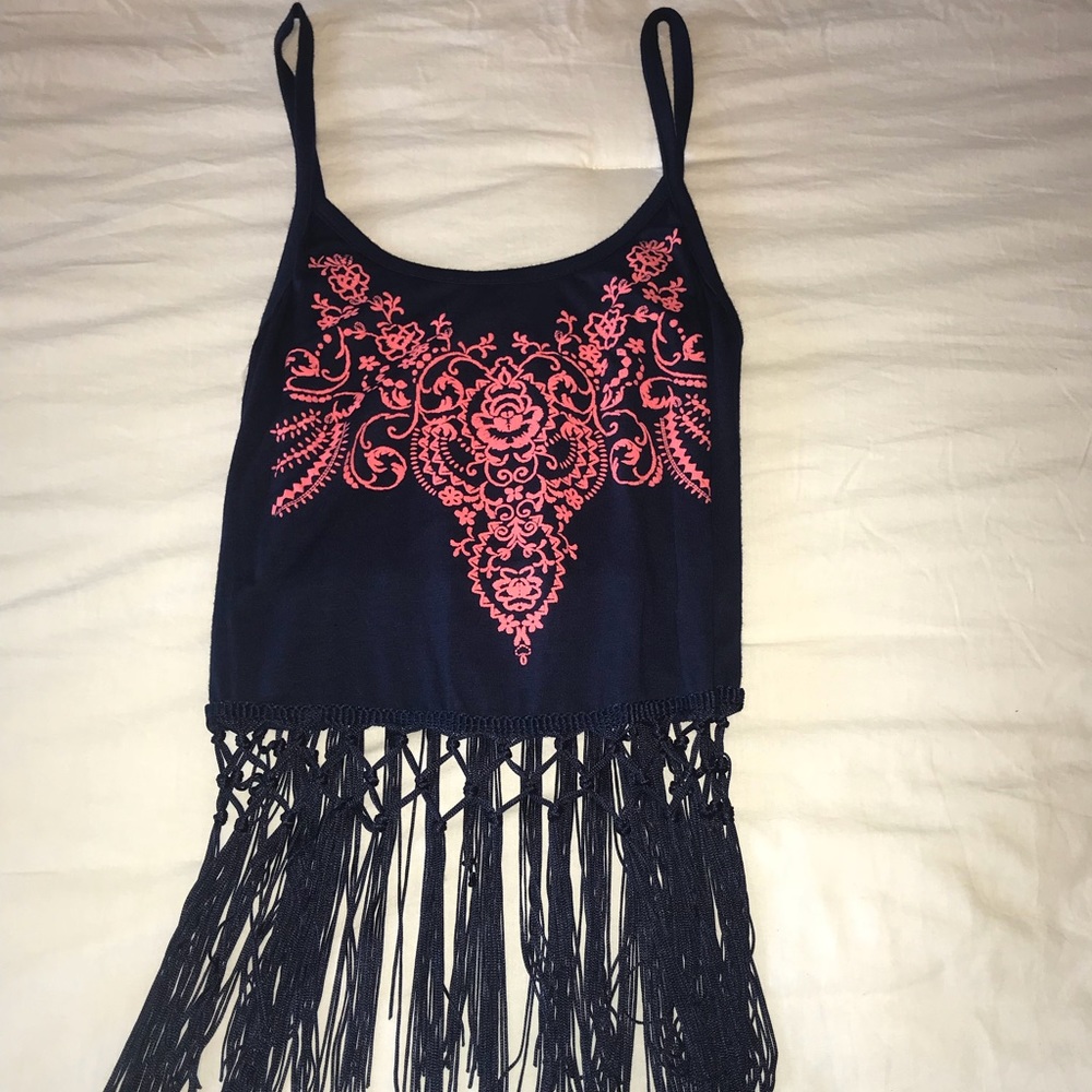Navy/Pink crop tank with fringe